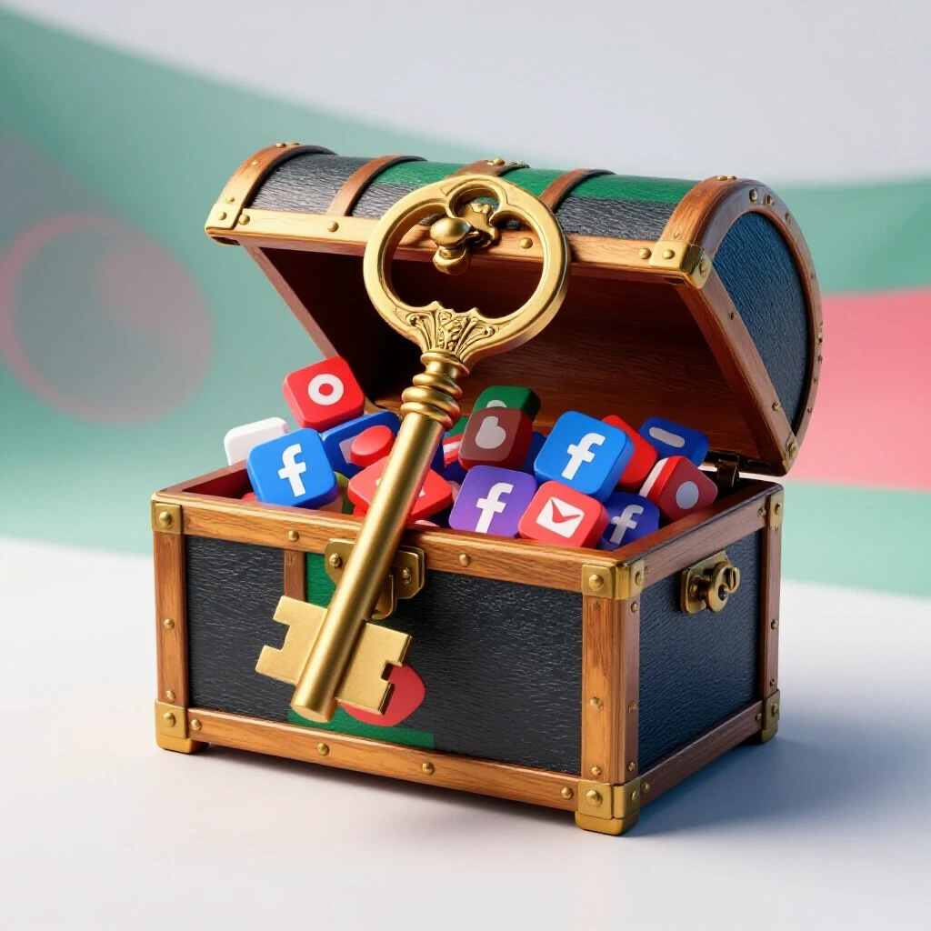 An ornate key unlocking a treasure chest overflowing with vibrant social media icons, set against the Bangladesh flag backdrop.