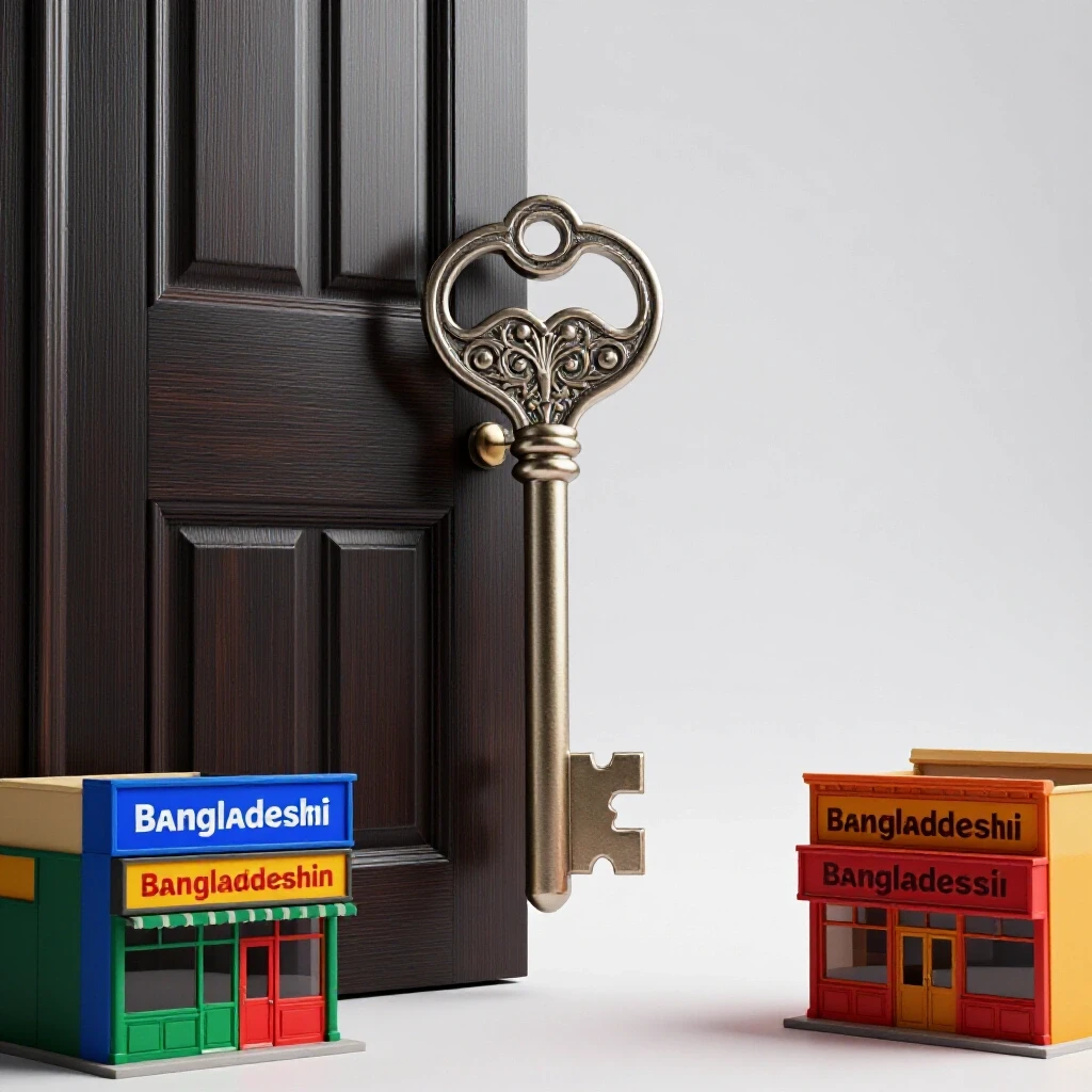 An ornate key partially inserted into a UK door with colorful storefronts of Bangladeshi businesses in the foreground, symbolizing opportunity.