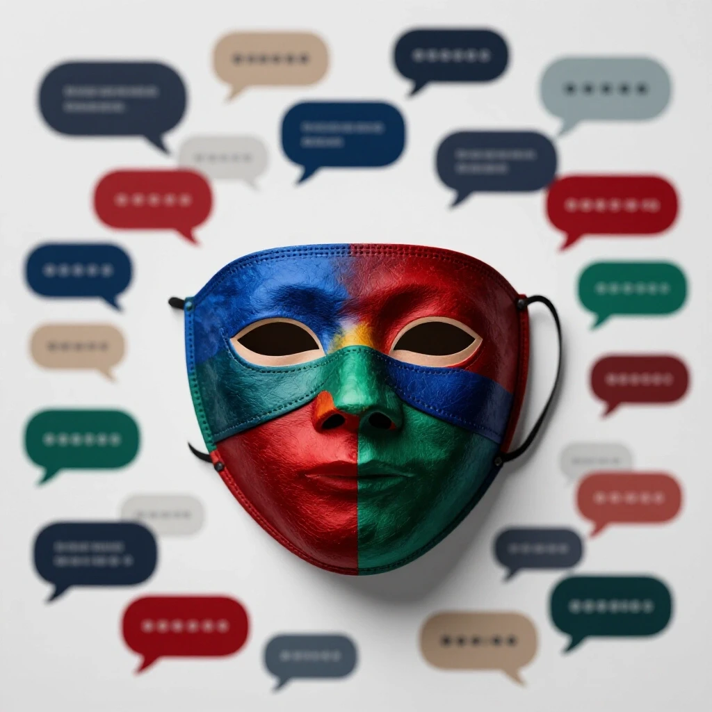 A vibrant, authentic face revealed by a partially lifted mask, surrounded by blurred speech bubbles representing fake comments.