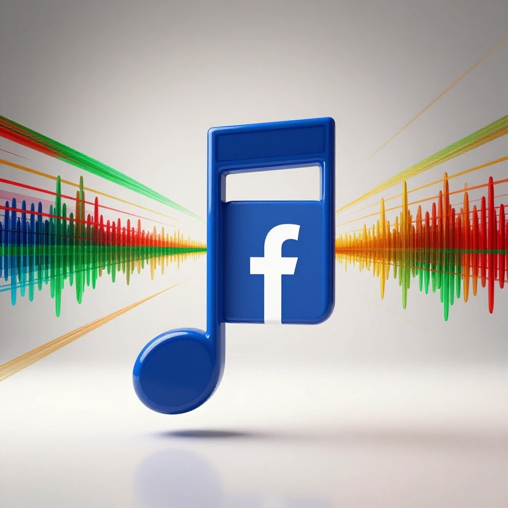 A dynamic 3D illustration of a vibrant music note transforming into a Facebook logo with colorful sound waves.