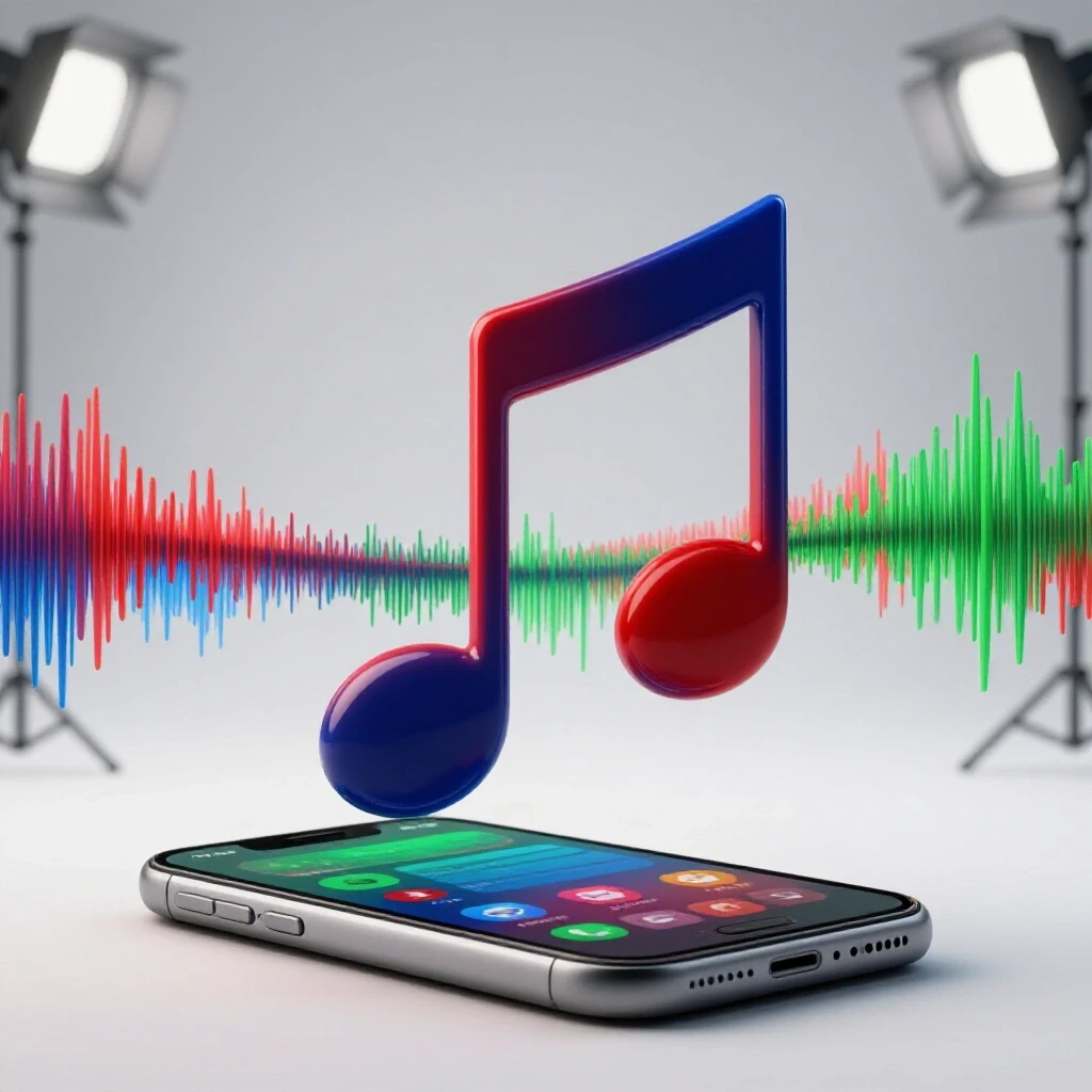 A vibrant 3D music note emerging from a smartphone, surrounded by colorful sound waves against a bright background.