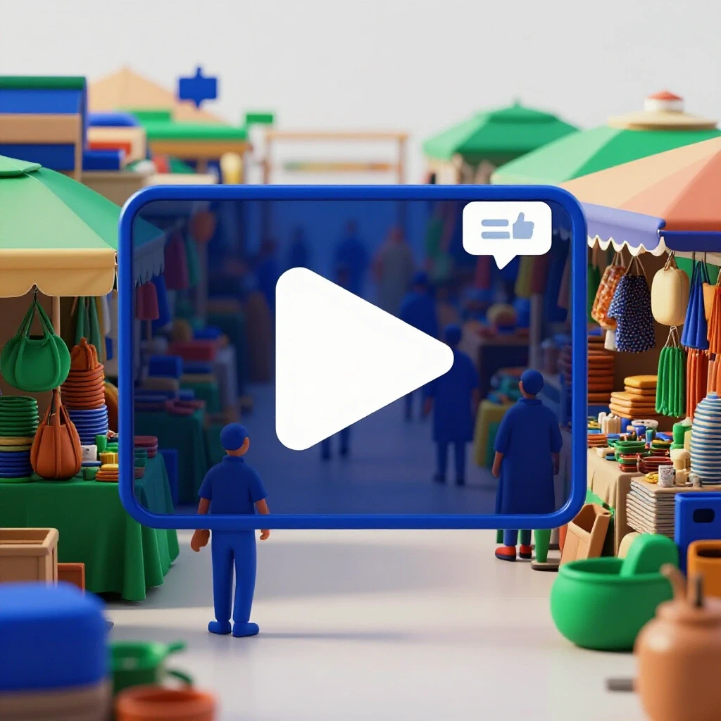 A dynamic 3D render of a vibrant video play button over a lively marketplace scene filled with digital icons.