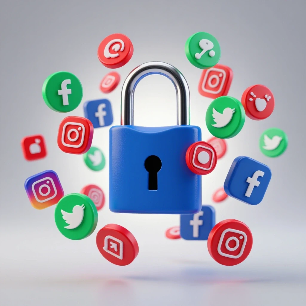 A visually striking 3D image of an open padlock with vibrant social media icons swirling around it on a bright background.