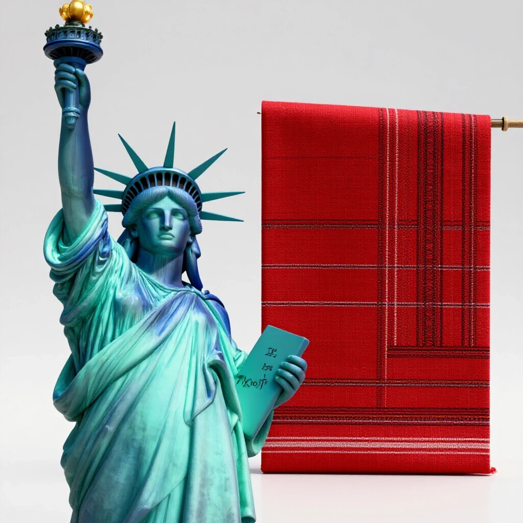 A split-screen visual combining the Statue of Liberty and traditional Filipino textiles, showcasing cultural synergy.