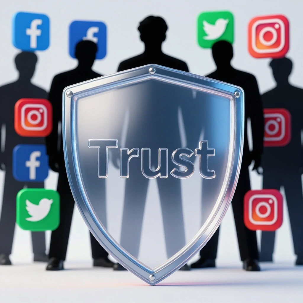 A transparent shield symbolizing trust stands in front of shadowy social media icons, representing user privacy concerns.