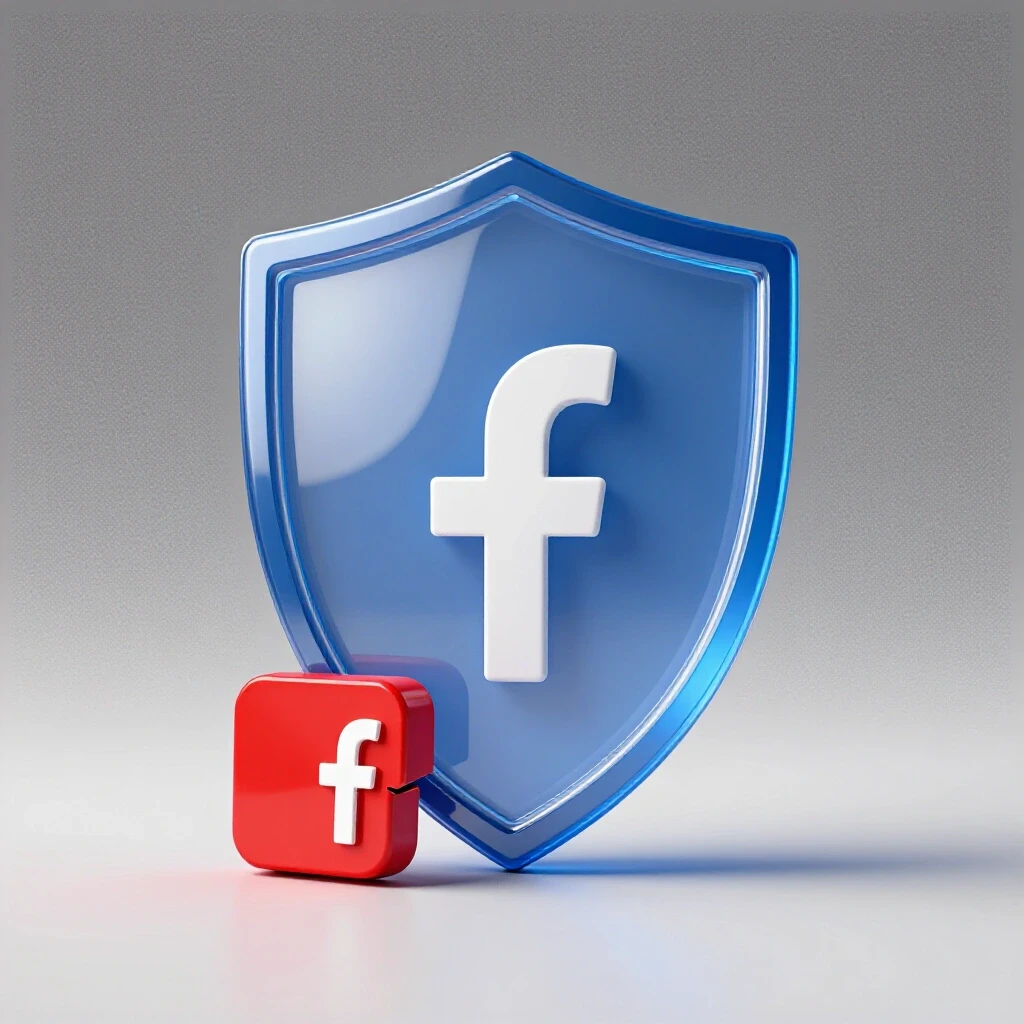 A transparent shield symbolizing privacy in soft blues, over a fragmented Facebook logo in stark reds, illustrating user trust issues.
