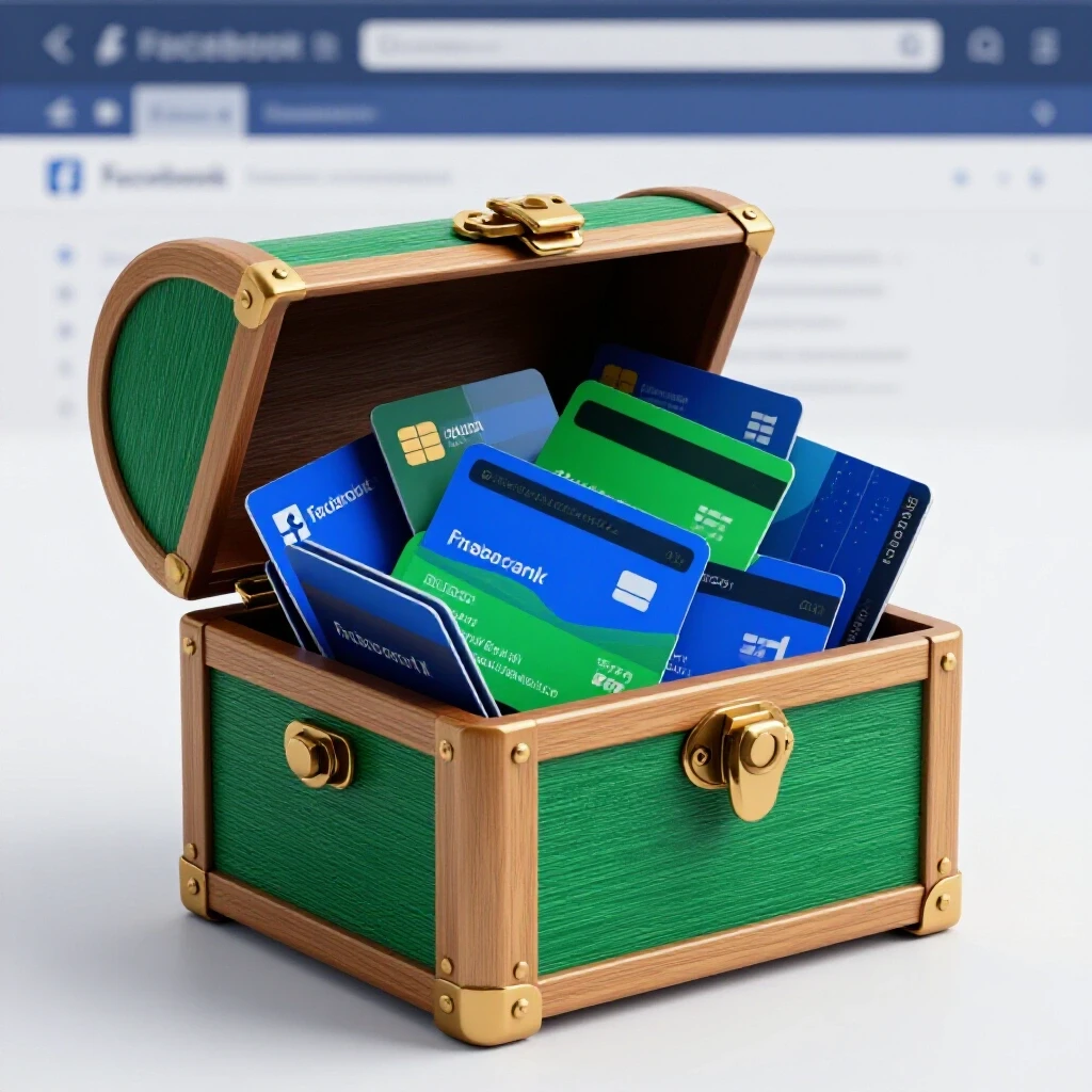 A treasure chest overflowing with various colorful prepaid cards set against a muted Facebook interface background.