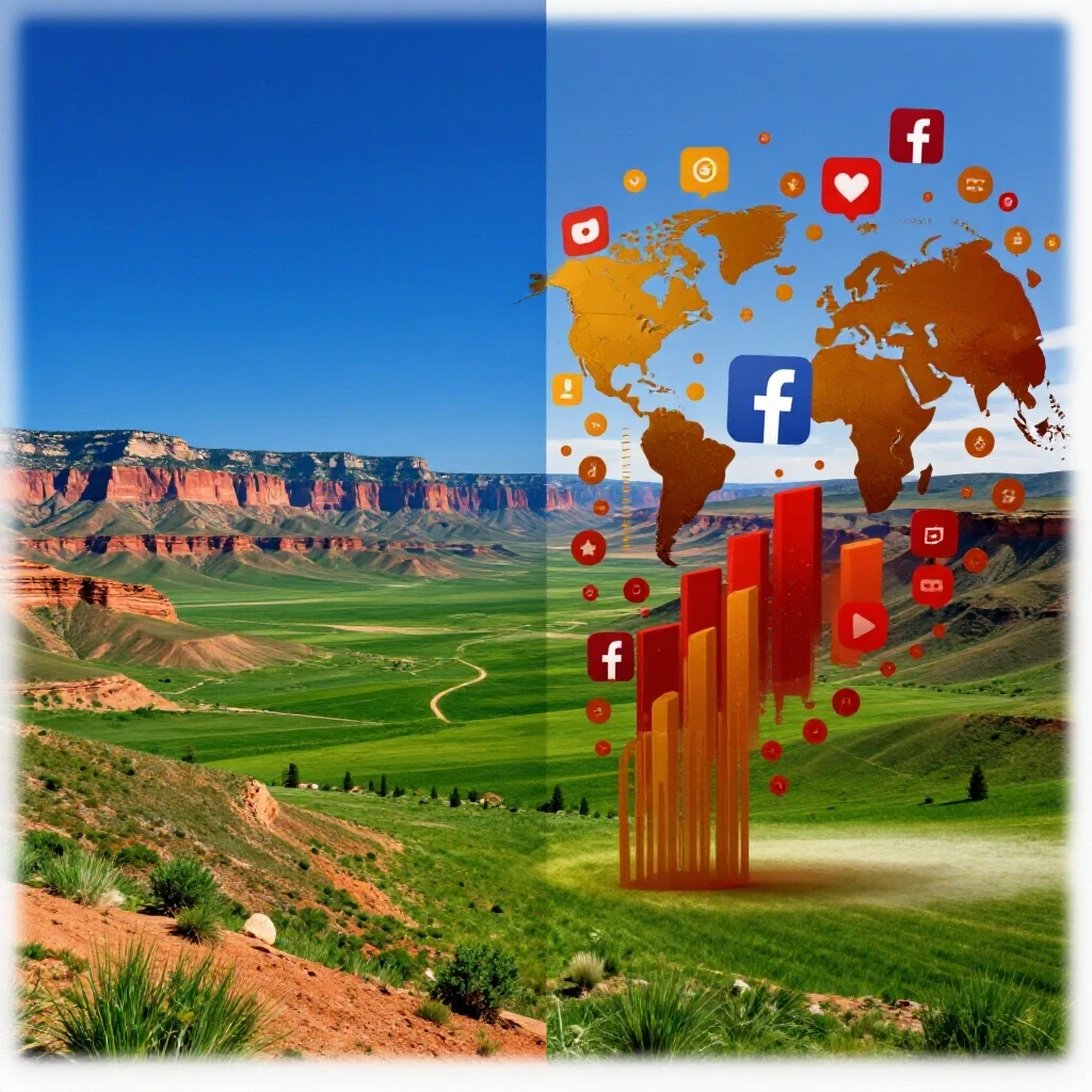 Contrasting Utah landscape and digital representation of Facebook's global reach with vibrant colors and textures.