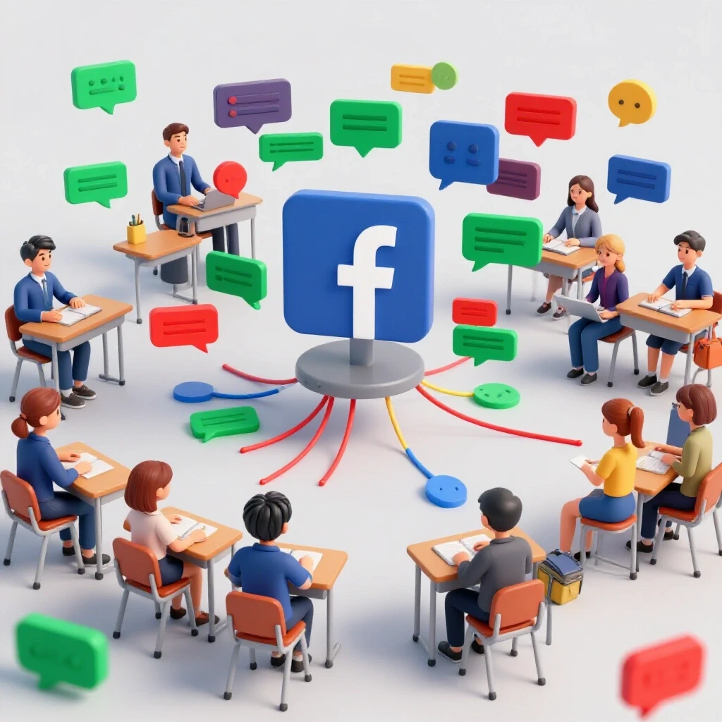 A vibrant 3D classroom scene with a Facebook interface, symbolizing faculty-student interaction through dynamic lines and colors.