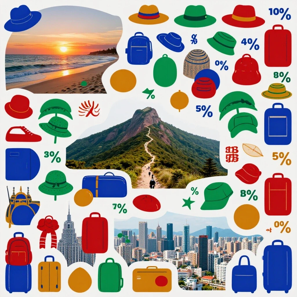 A vibrant collage of vacation scenes including a beach sunset and mountain hike, with playful icons.