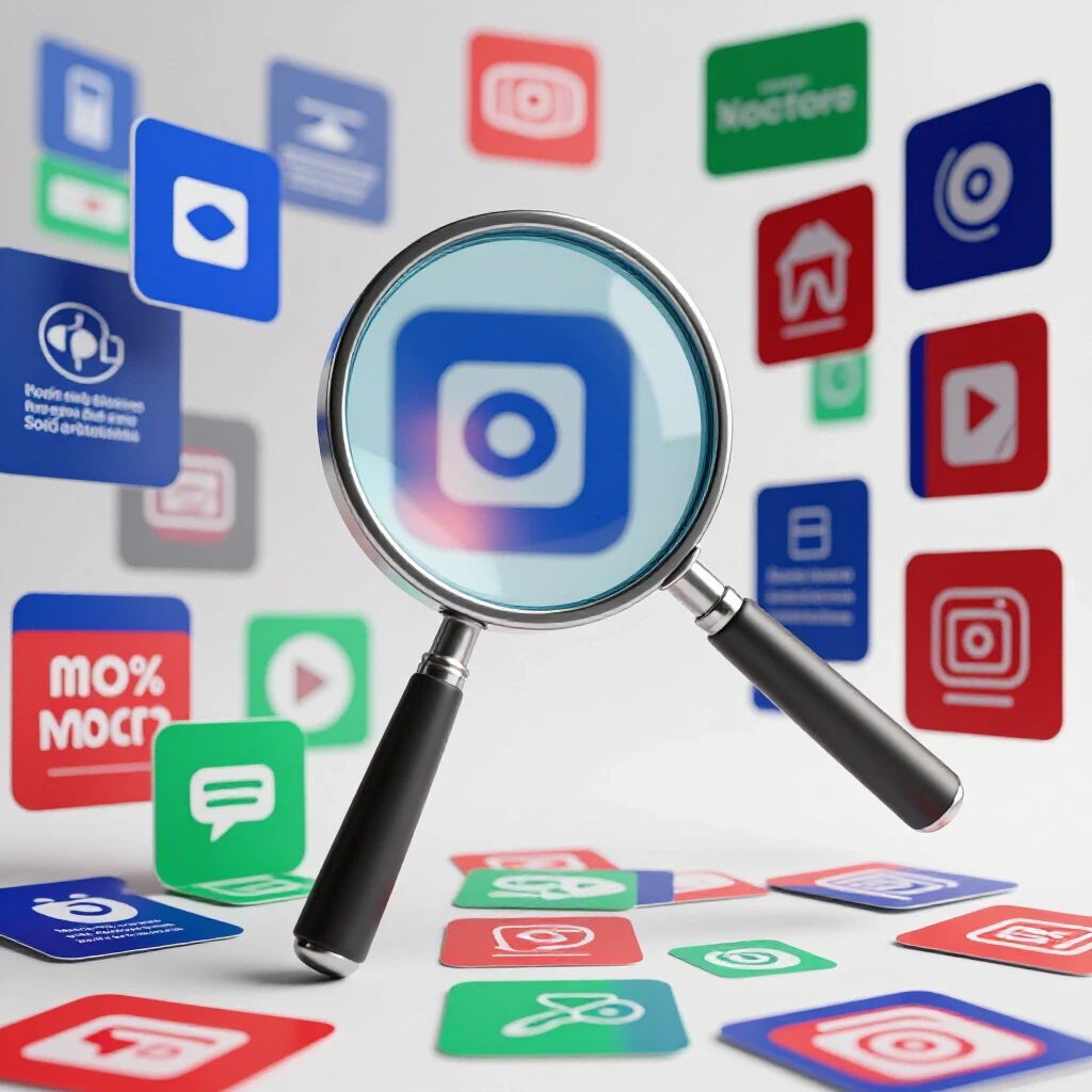 A magnifying glass over a collection of vibrant social media ads with a blurred brand logo in the background.