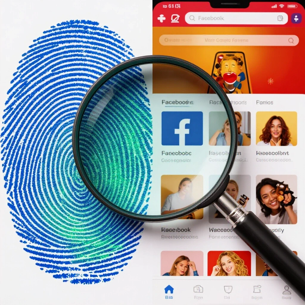 A split-image with a magnifying glass over a digital fingerprint and a vibrant Facebook ad interface, representing identity verification and targeted ads.