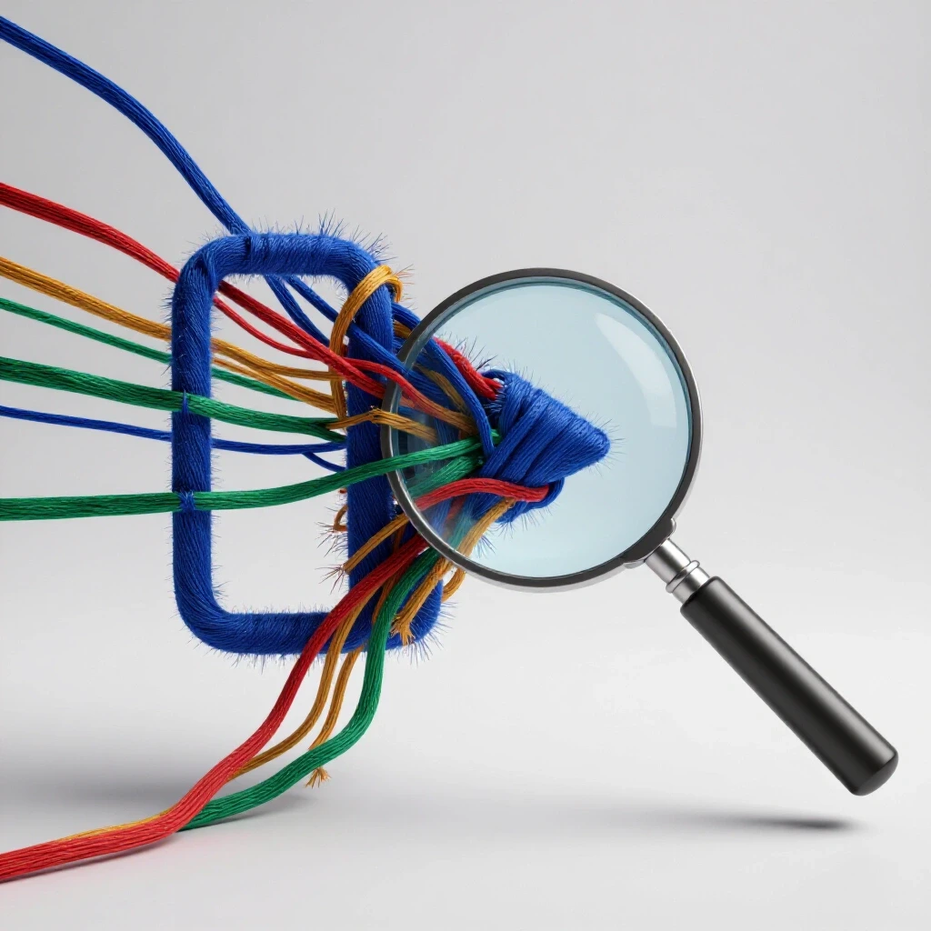 A 3D-rendered frayed video play button unraveling with colorful strands around it and a magnifying glass above.