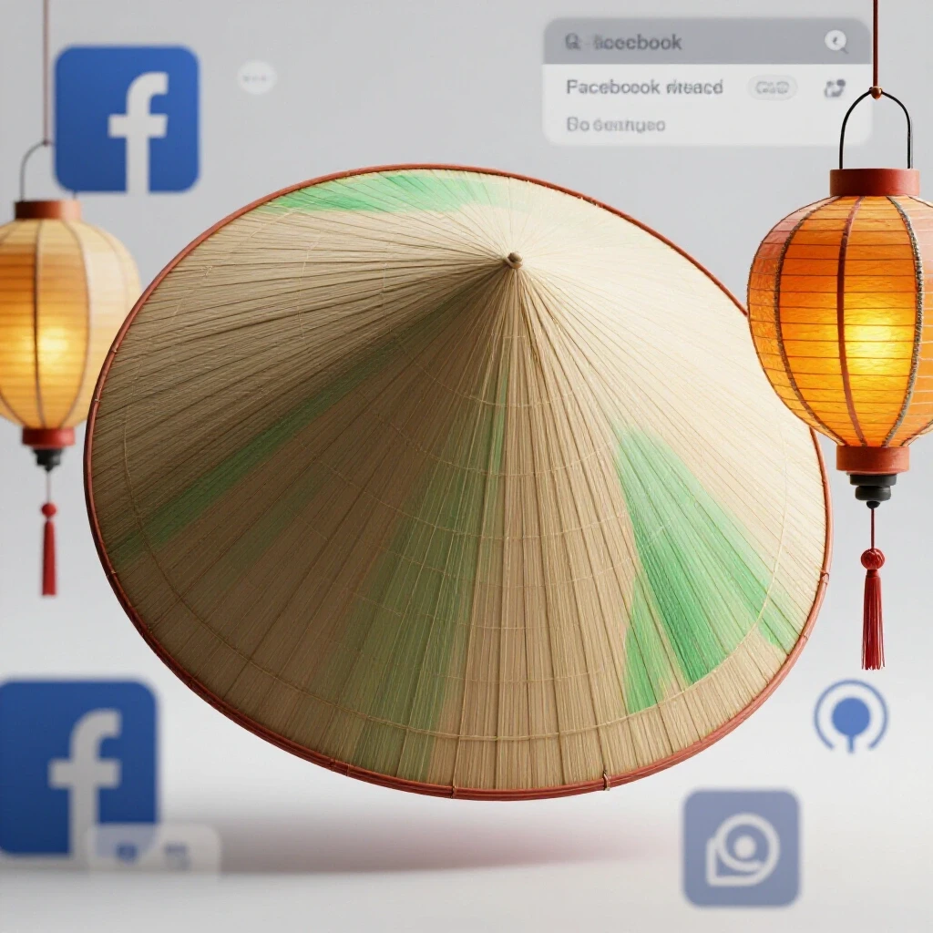 A vibrant Vietnamese conical hat and lantern against a bright background with digital ad targeting graphics.