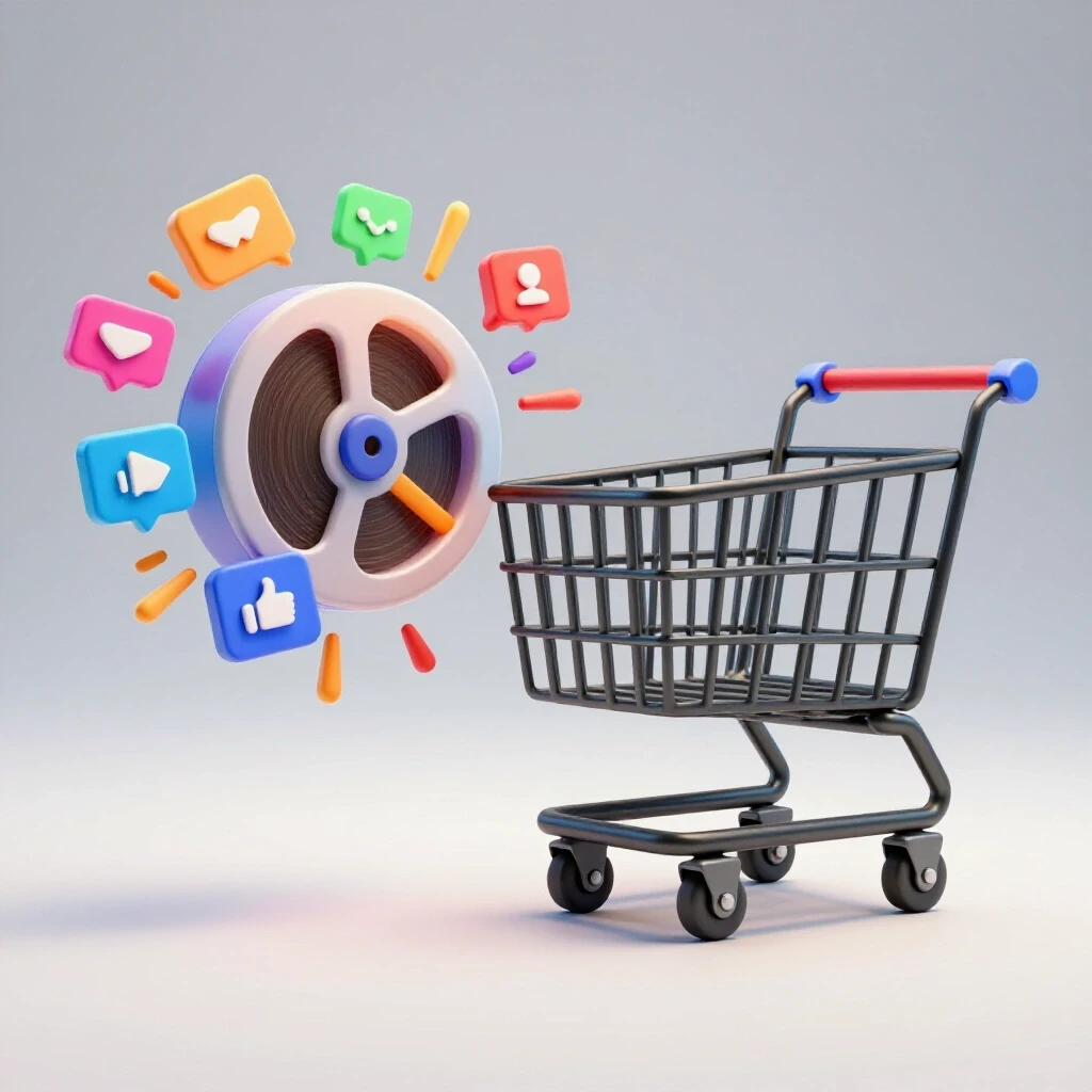 A colorful social media reel icon next to an empty shopping cart, illustrating the disconnect between engagement and sales.