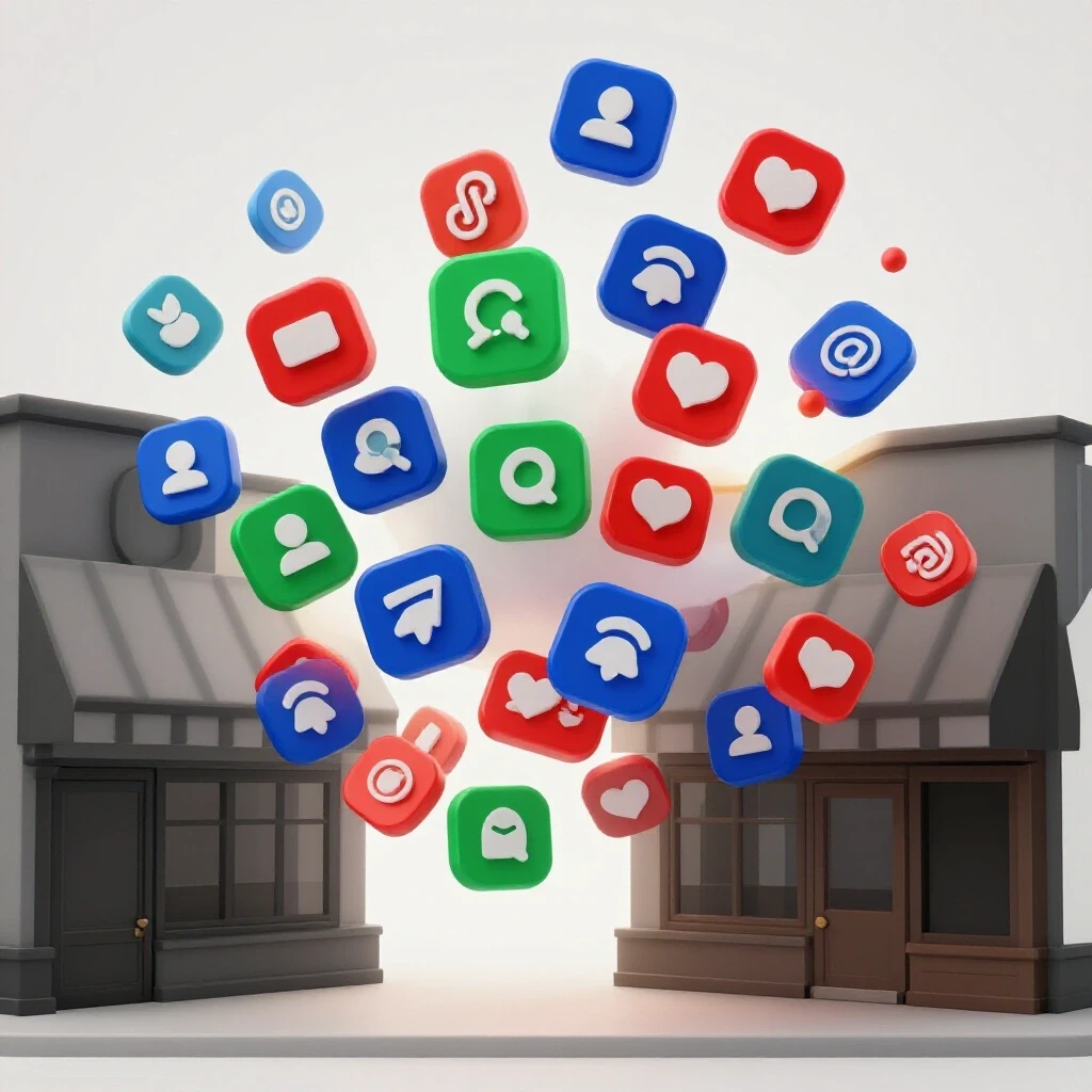 A striking contrast showing vibrant social media icons on one side and a shadowy business storefront on the other, symbolizing engagement vs. impact.