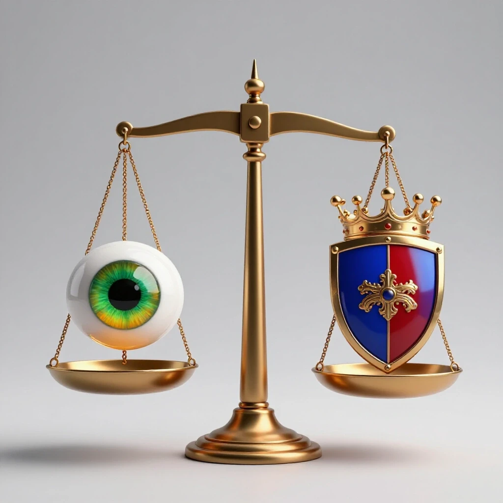 A 3D balancing scale featuring a bright eye symbol for visibility on one side and a deep crown for authority on the other, centered on a light grey background.