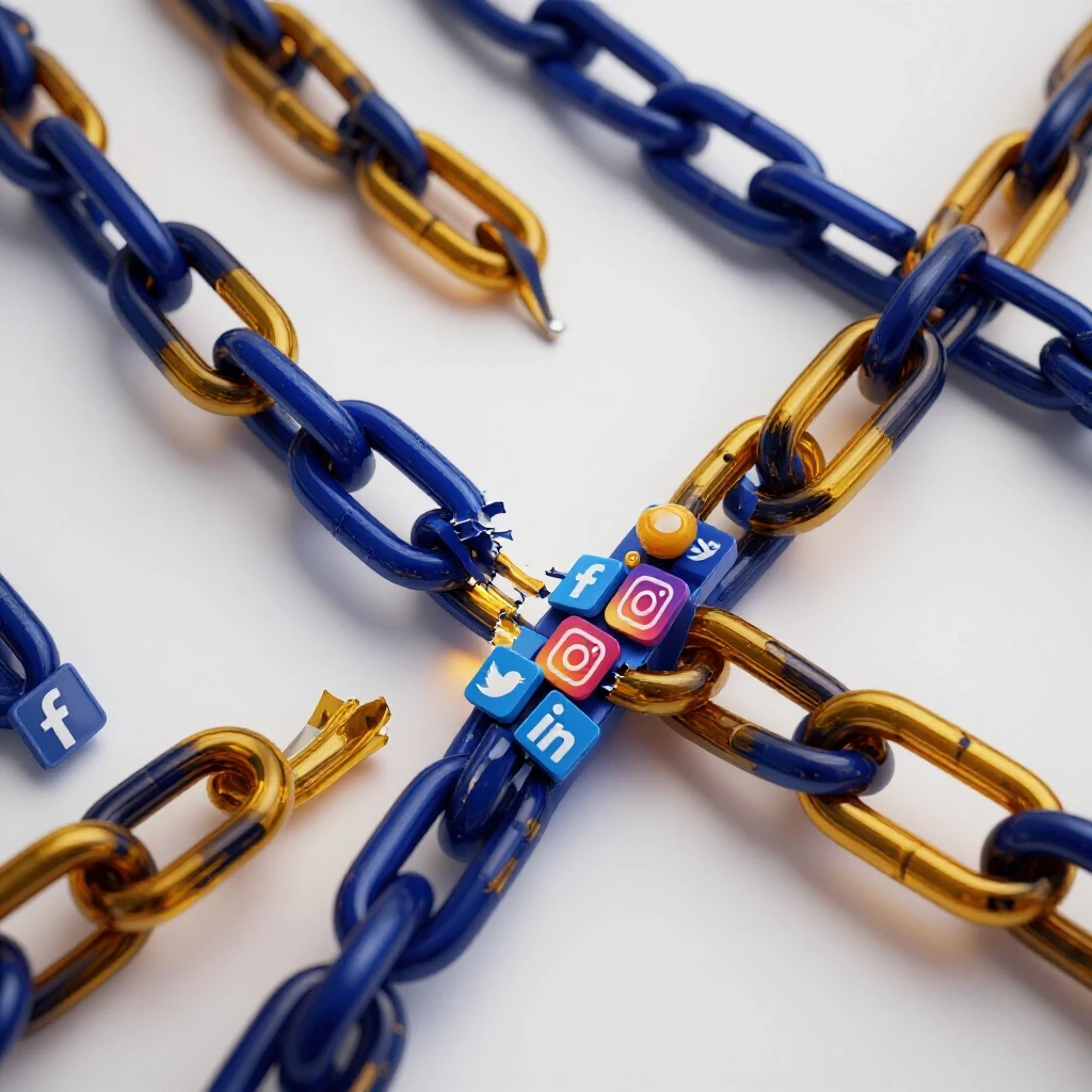 3D image of a chain with a frayed link surrounded by colorful social media icons, symbolizing vulnerability.