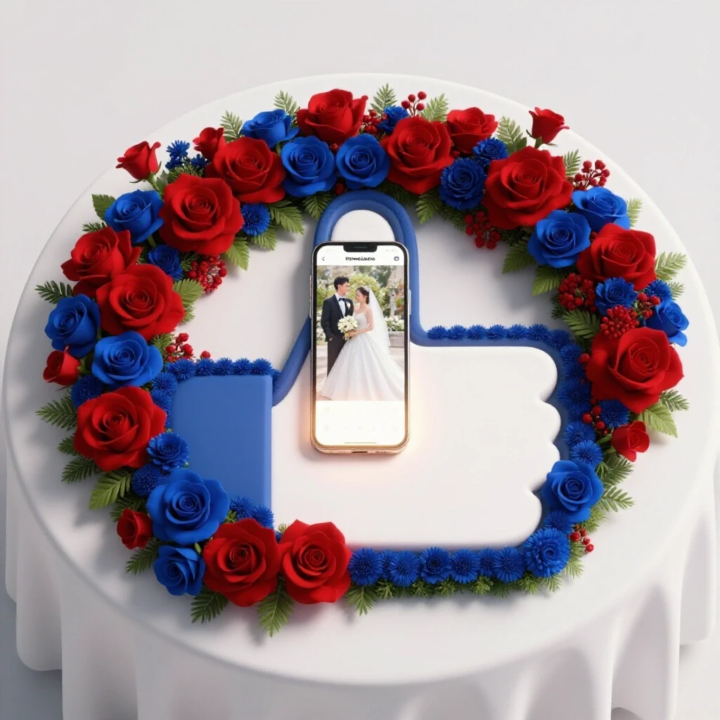A vibrant wedding table setting in the shape of a Facebook like button with a smartphone displaying a wedding photo.
