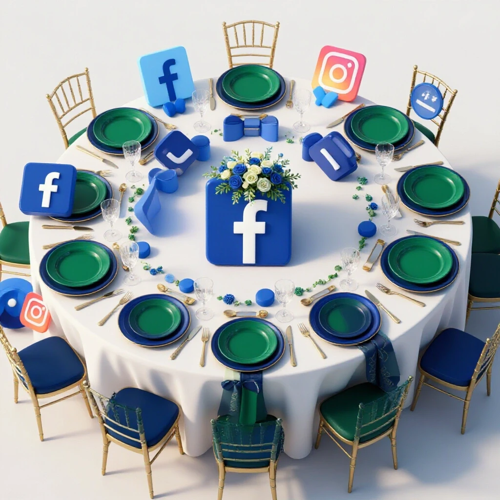 A beautifully set wedding table with deep colors and vibrant social media icons against a clean background.
