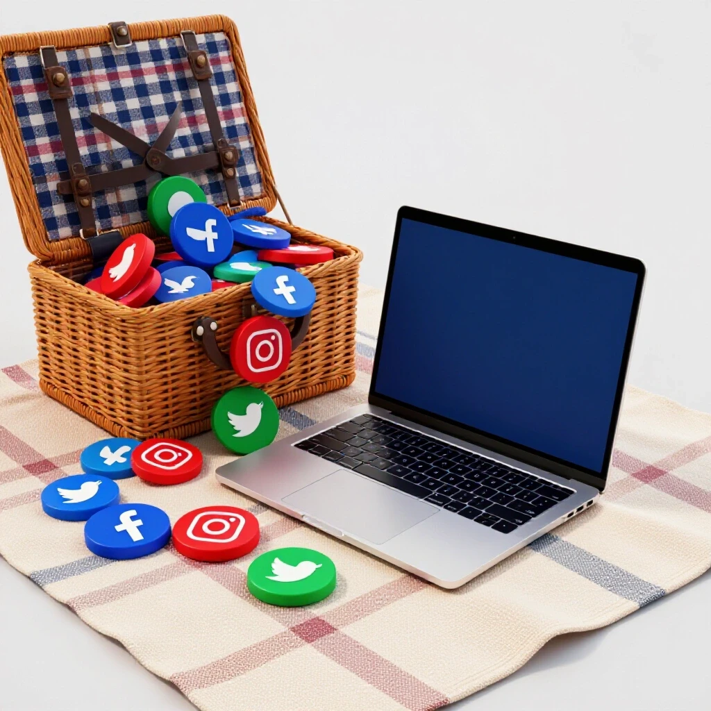 A laptop on a picnic blanket with colorful social media icons spilling from a picnic basket in a bright setting.