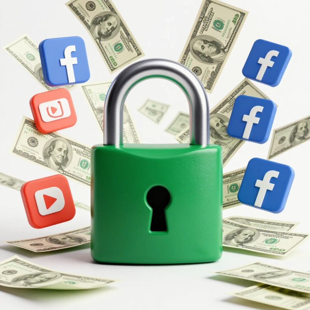 A striking emerald green padlock symbolizes control, surrounded by cascading dollar bills and Facebook ad icons.
