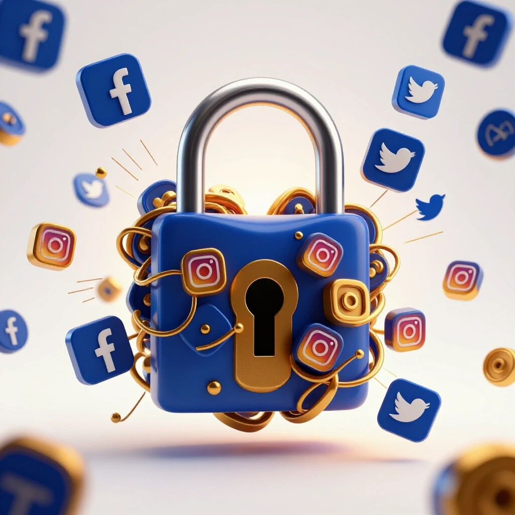 3D rendered locked padlock intertwined with social media icons against a bright white background symbolizing engagement secrets.