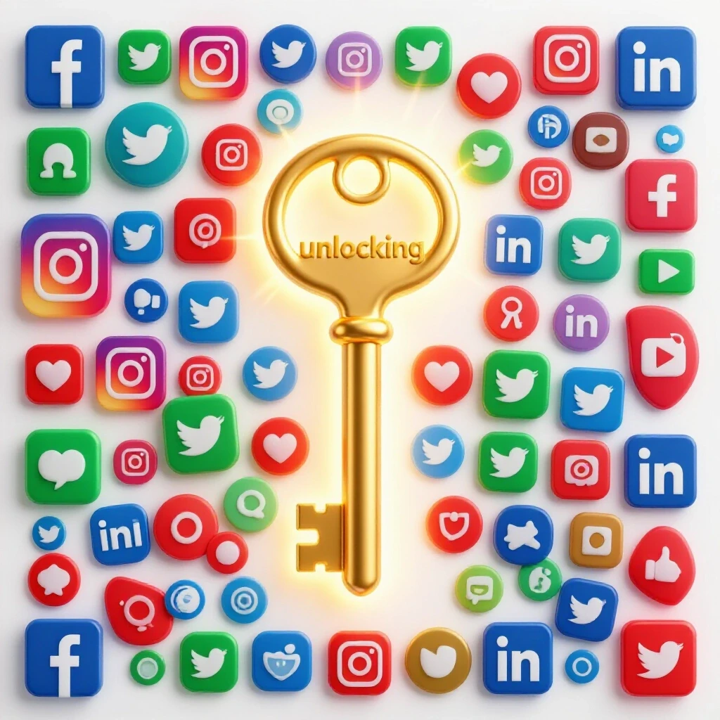 A large glowing key surrounded by colorful social media icons against a bright studio background, symbolizing unlocking advertising potential.