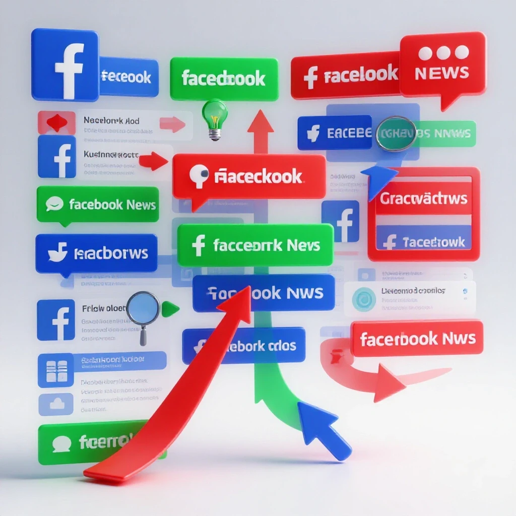 A vibrant depiction of a Facebook newsfeed with translucent overlay ads and dynamic engagement symbols