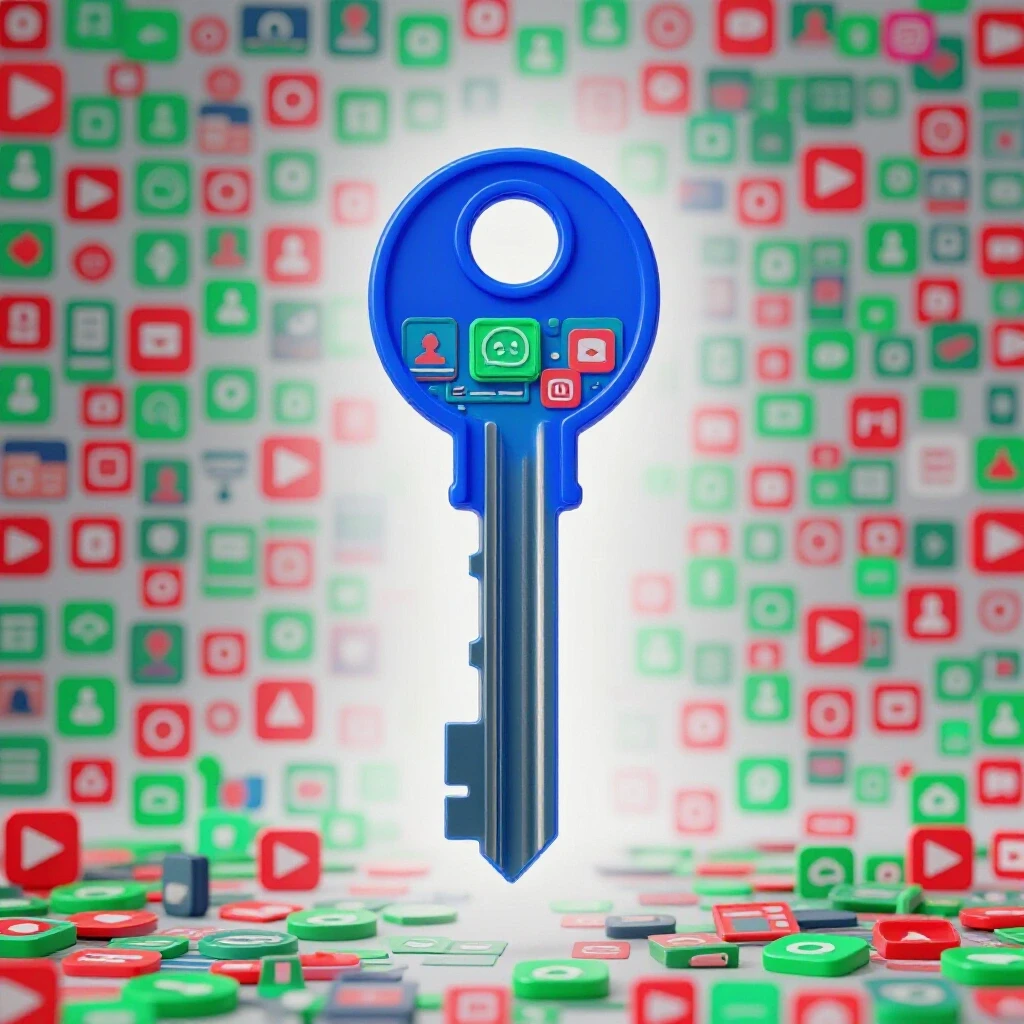 A large key unlocking a colorful digital feed with glowing social media icons against a softly blurred vibrant background.