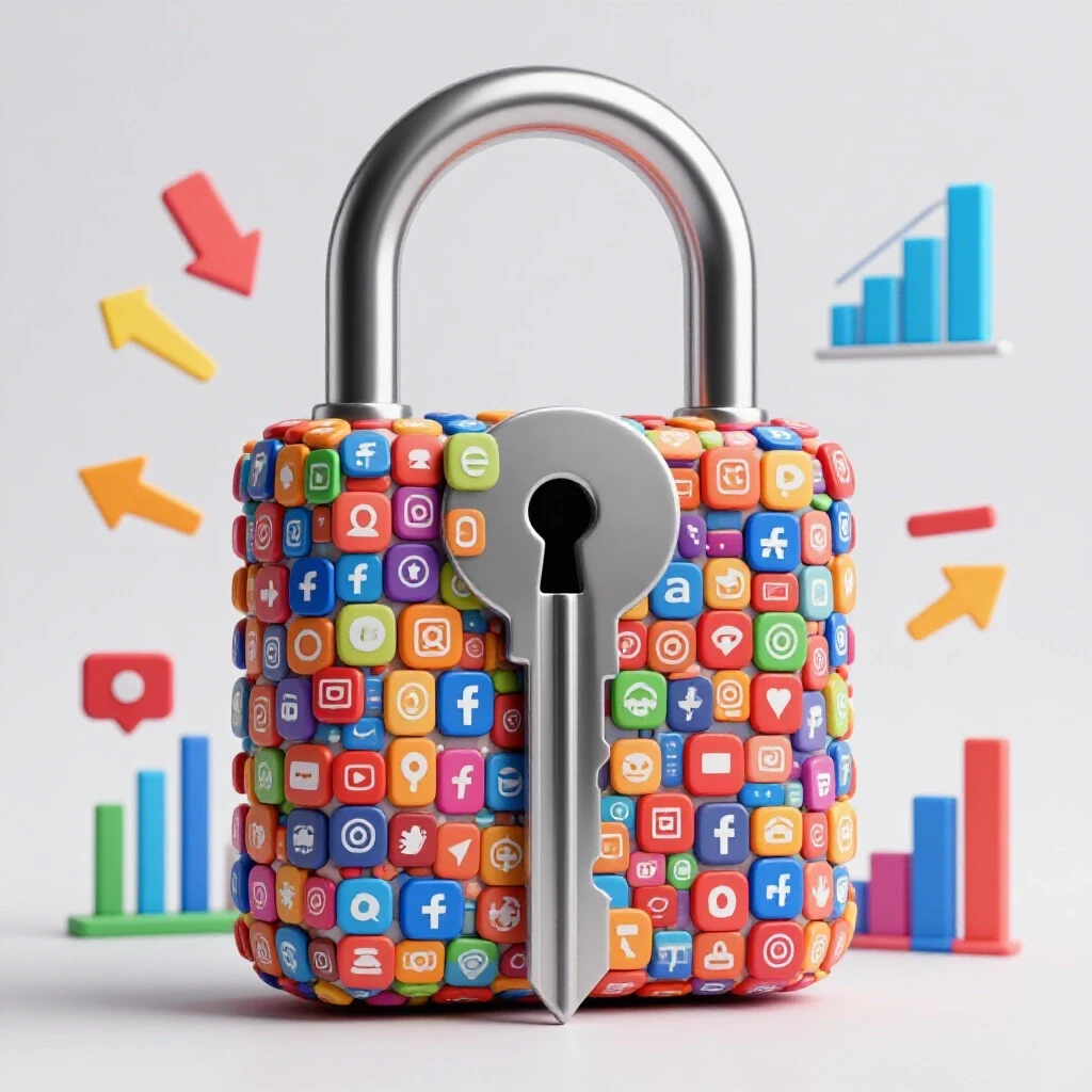 A striking key unlocking a digital lock made of social media icons, surrounded by vibrant engagement metrics graphics.