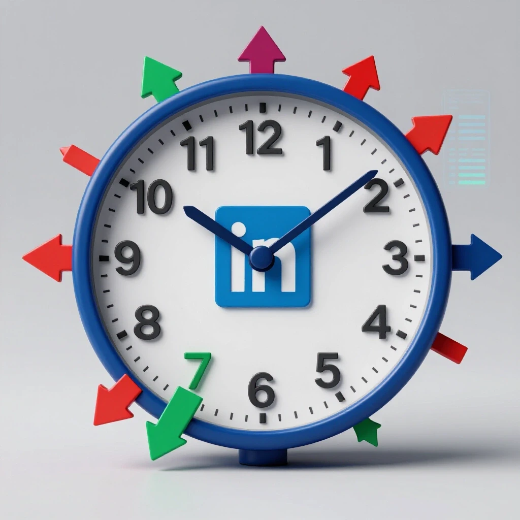 A colorful clock with LinkedIn logo, arrows indicating optimal posting times, on a bright background.