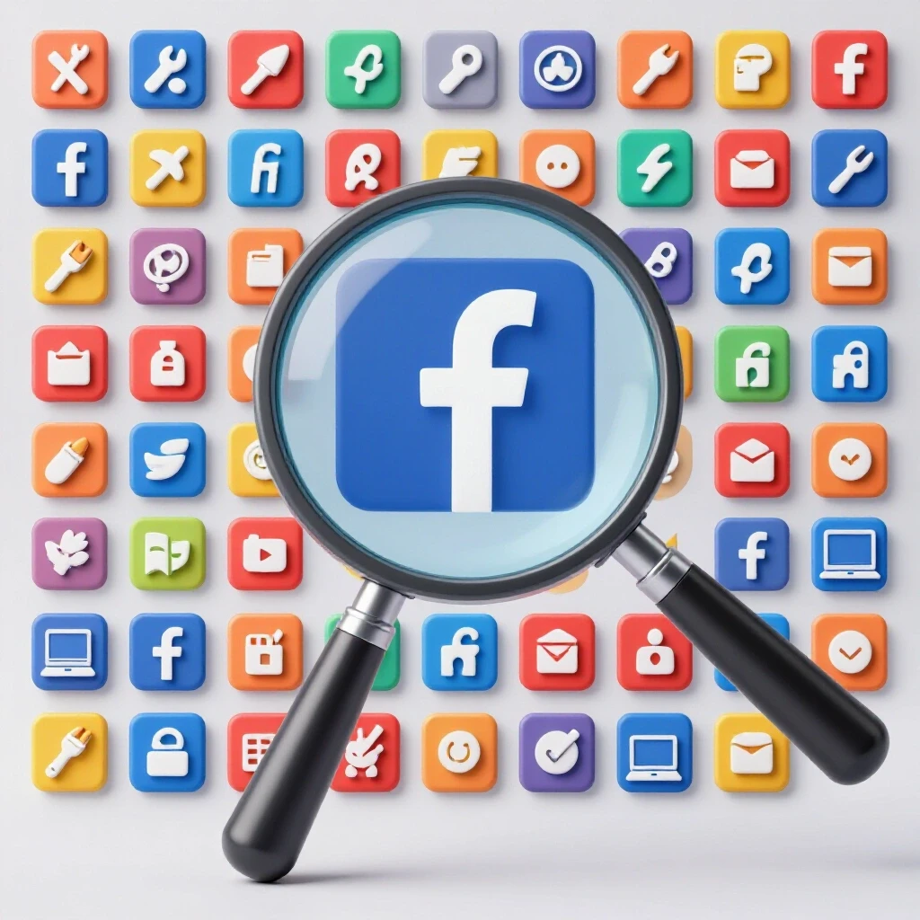 A magnifying glass over a colorful Facebook feed indicating service icons, symbolizing client search.