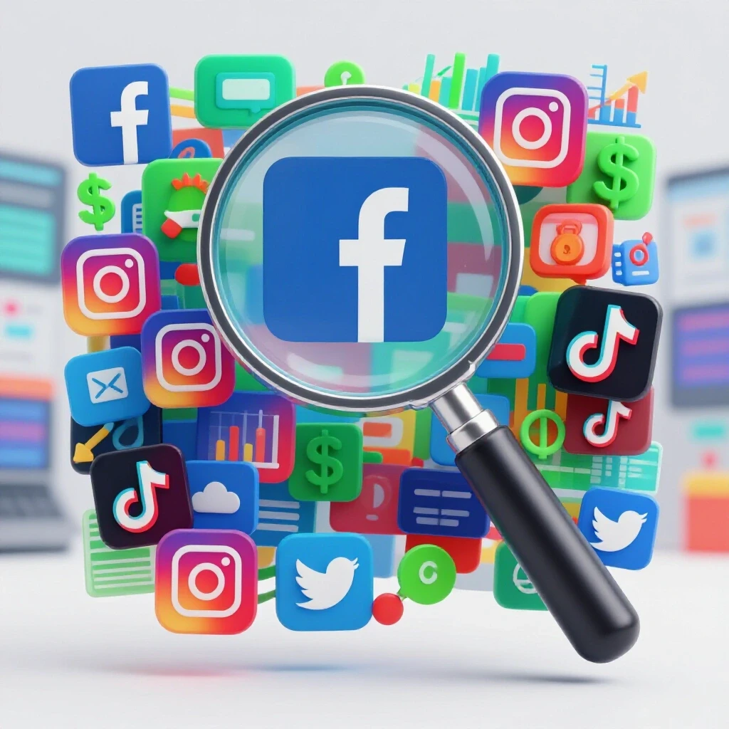 A large magnifying glass above a collage of colorful social media icons and ad metrics in a busy digital marketplace background.