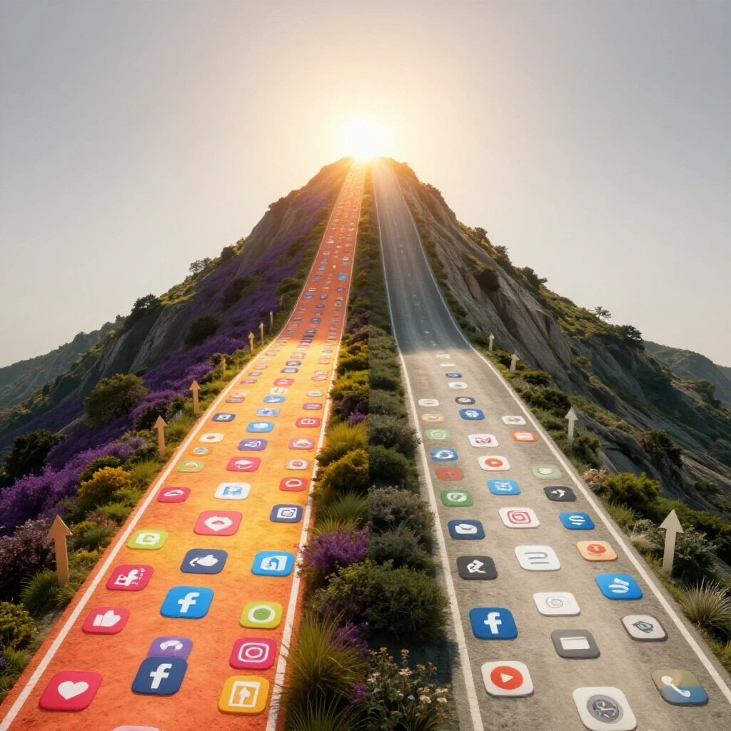 A split-image illustrating two pathways to success with vibrant and muted tones representing social media growth.