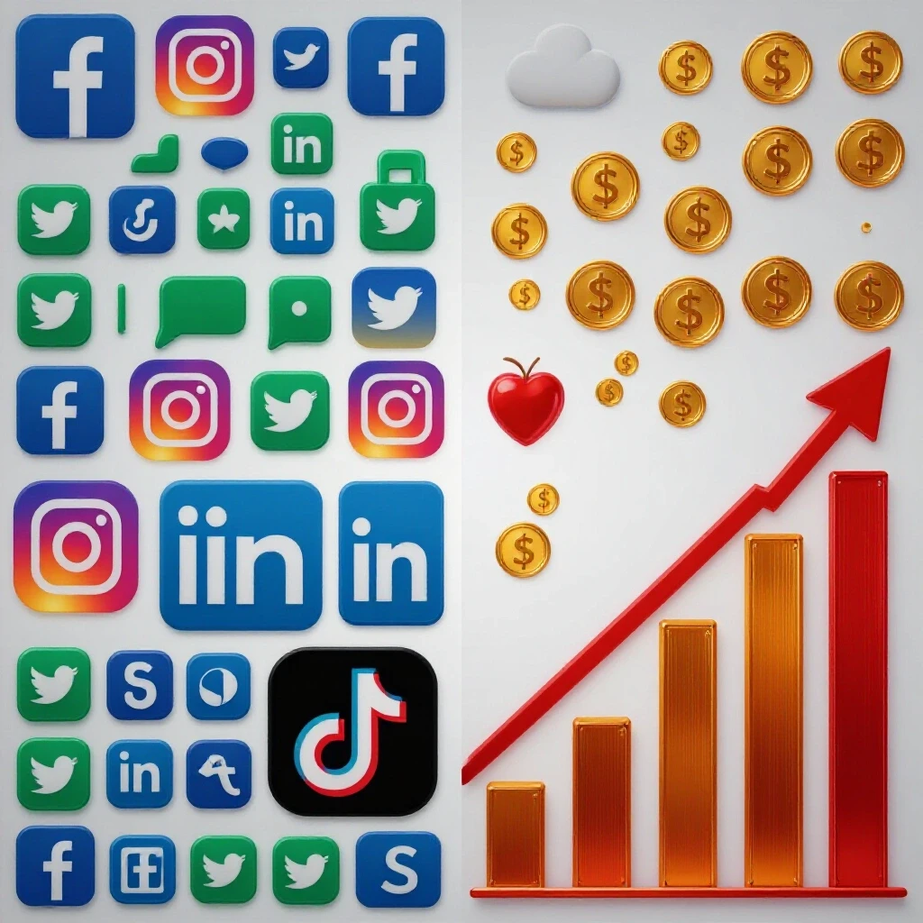 Vibrant social media platform icons contrasting with an upward-trending graph and money symbols, highlighting affiliate marketing success.