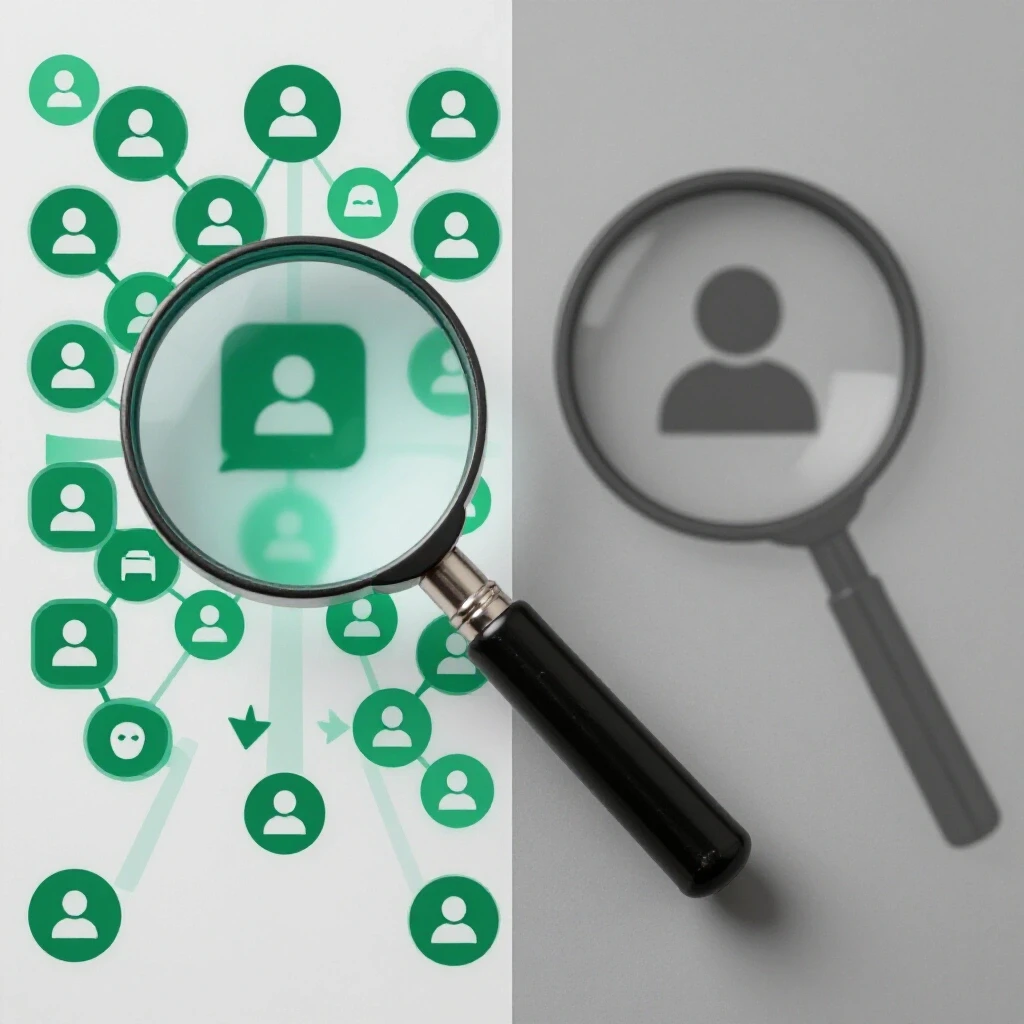 Split-screen image with a magnifying glass over contrasting social media icons, one vibrant and crowded, the other dull and isolated.