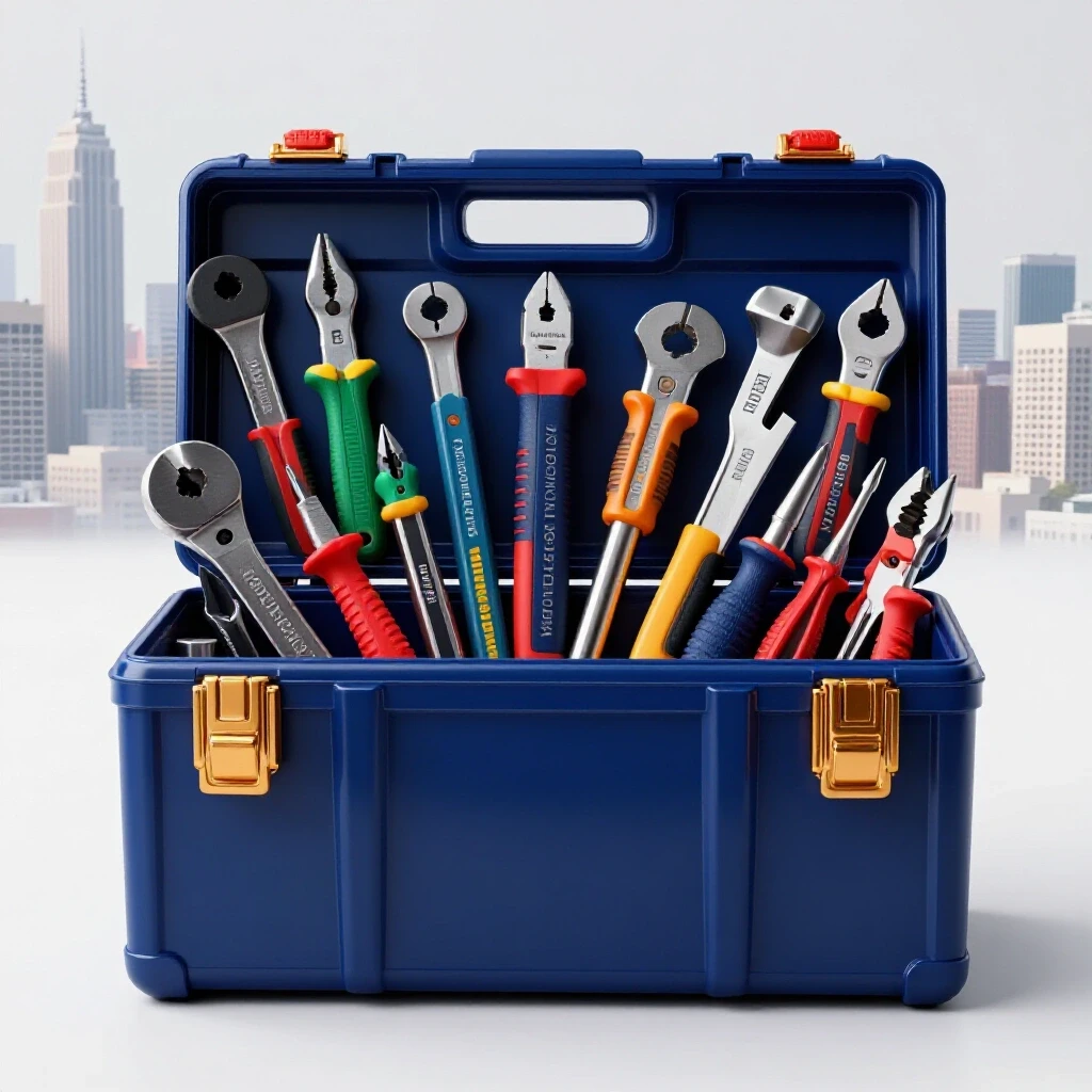 A polished toolbox overflowing with vibrant social media tools against a bright city skyline background.