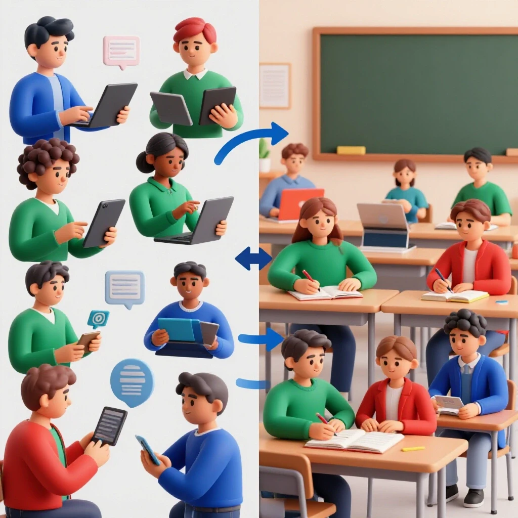 A vibrant illustration showing a split-screen of social media engagement and an educational classroom setting, symbolizing customer education.