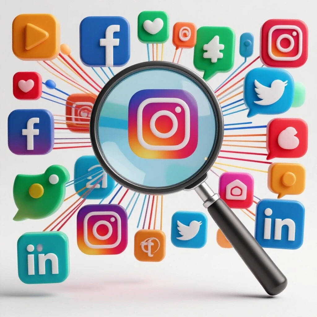 A large magnifying glass over a collage of social media icons, showcasing data connectivity and engagement.
