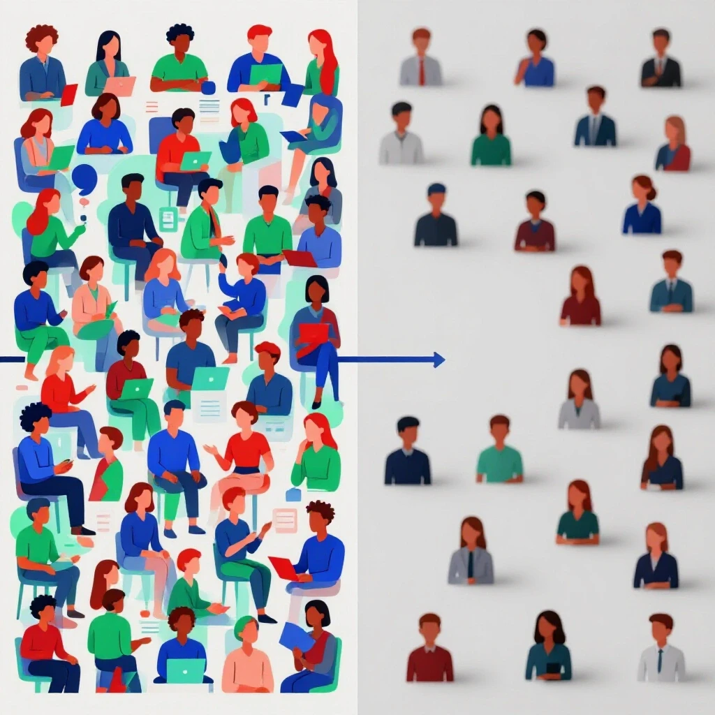 A contrasting visual representation of thriving versus isolated online communities with engaging avatars