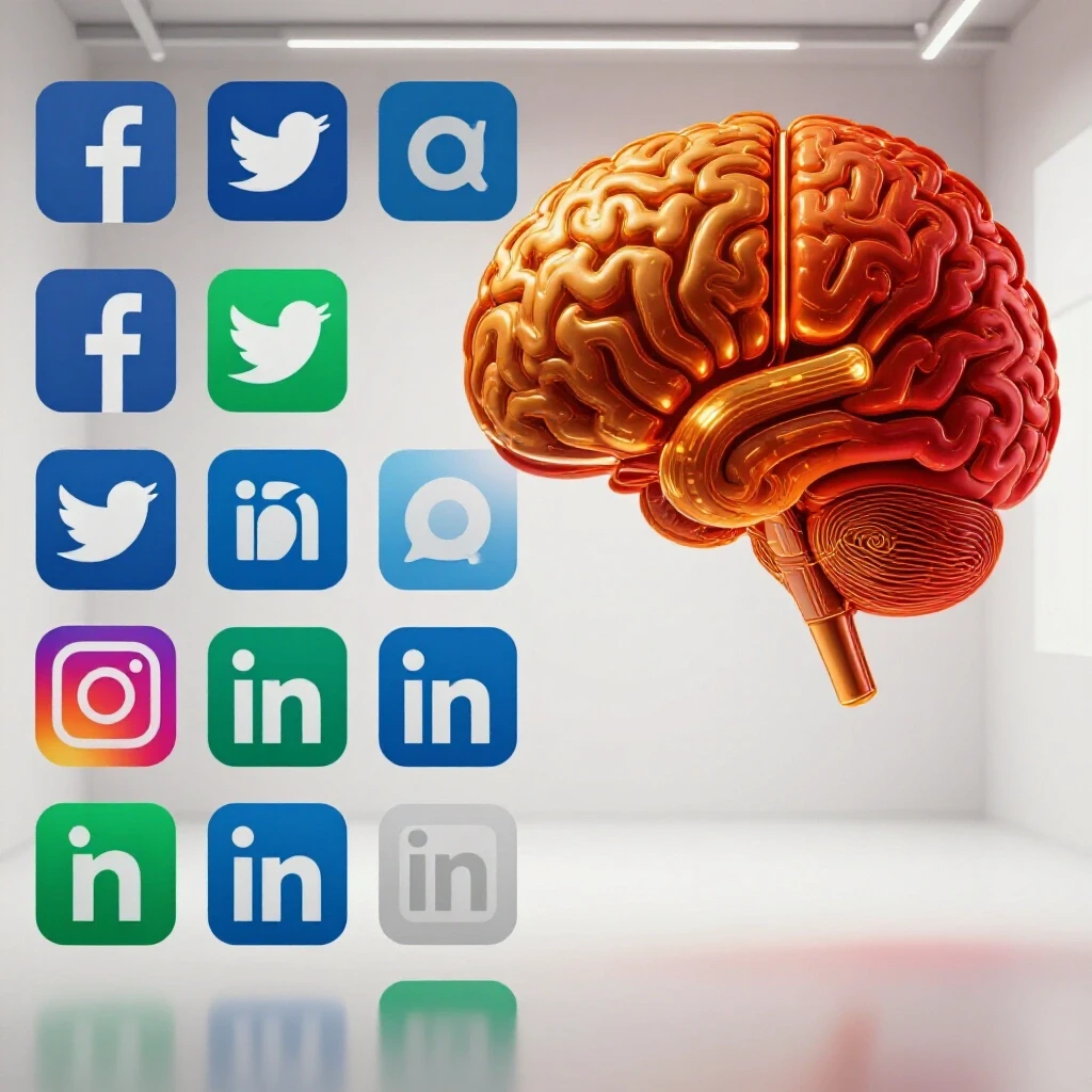 A split-screen image featuring social media icons alongside a futuristic AI brain graphic, showcasing AI advertising.