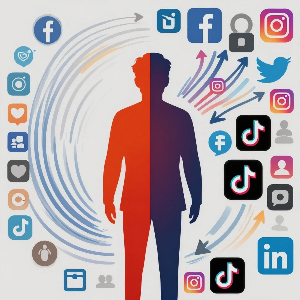 A vibrant silhouette of a human figure contrasts with muted social media platform icons, illustrating human-led content reach.