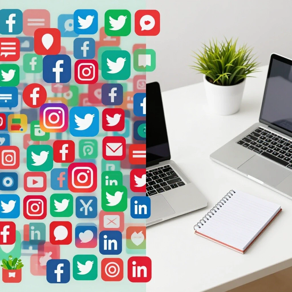 A split-screen image showing a vibrant digital landscape of social media icons on one side and a serene workspace on the other, highlighting the comparison of omnichannel advertising.