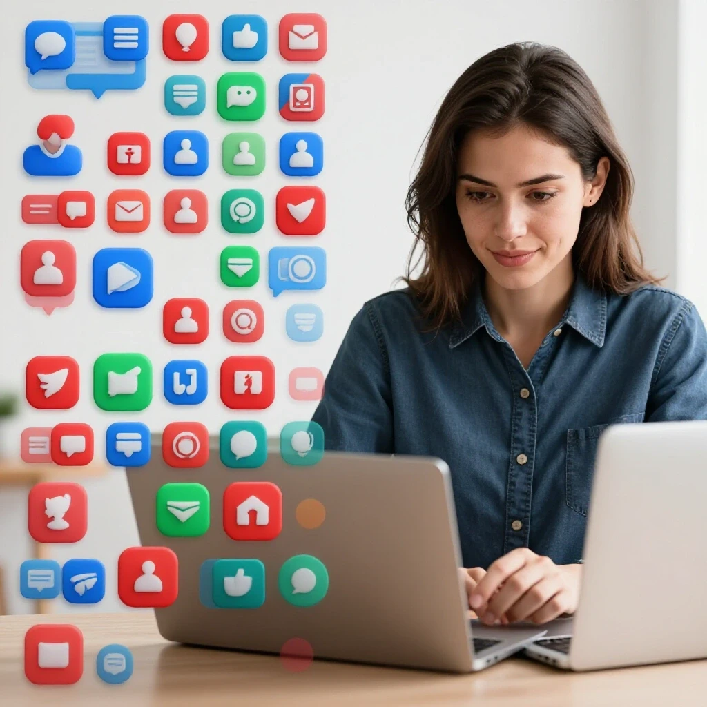 Confident founder analyzing social media data on a laptop beside diverse platform icons in a bright studio.