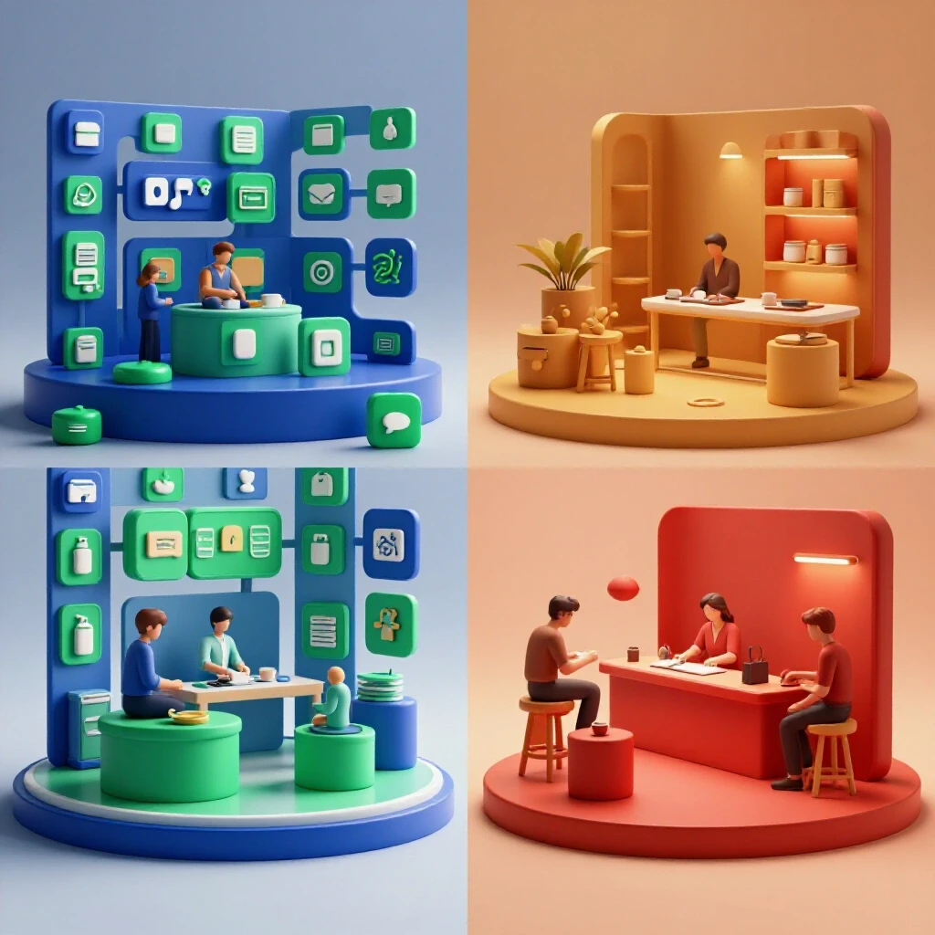 A split-screen comparison of a bustling digital marketplace and a serene customer engagement environment, highlighting contrasting product launch platforms.