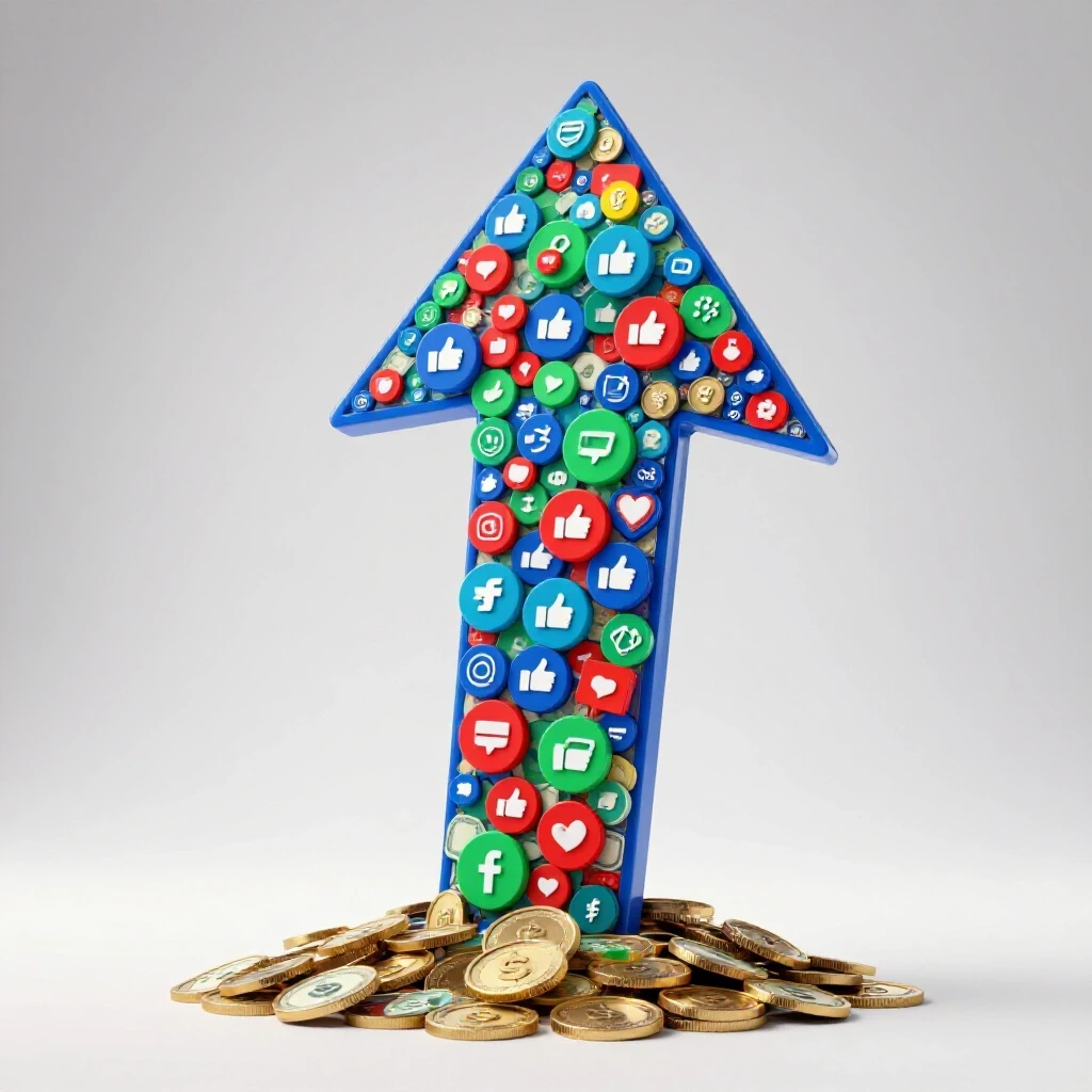 An upward arrow made of various social media icons rising from a base of coins, symbolizing revenue growth.