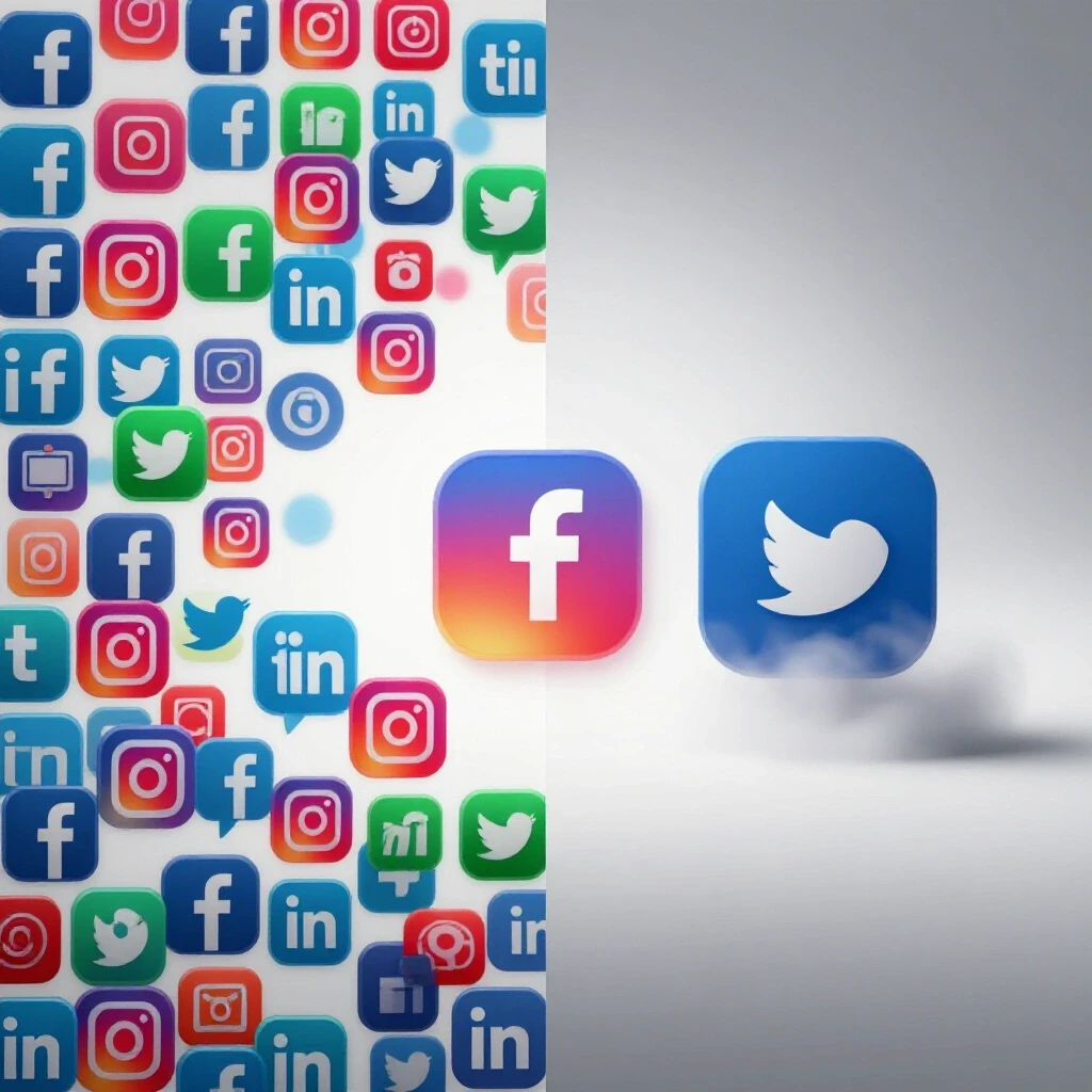 A split-screen image showing vibrant social media icons on one side and a new account icon in a calm digital fog on the other side.
