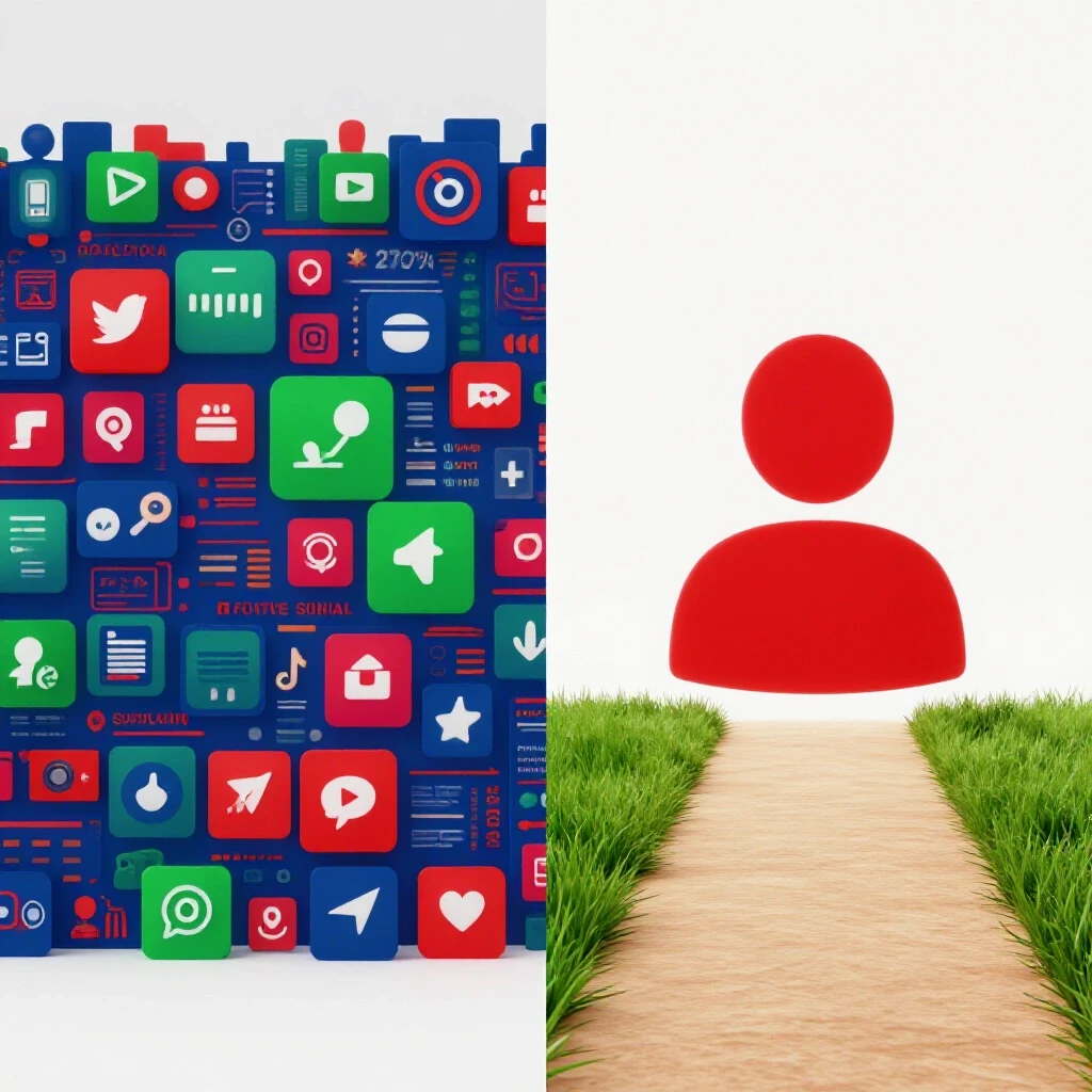 A captivating split image showcasing a lively social media landscape contrasted with a calm path leading to a user identity.