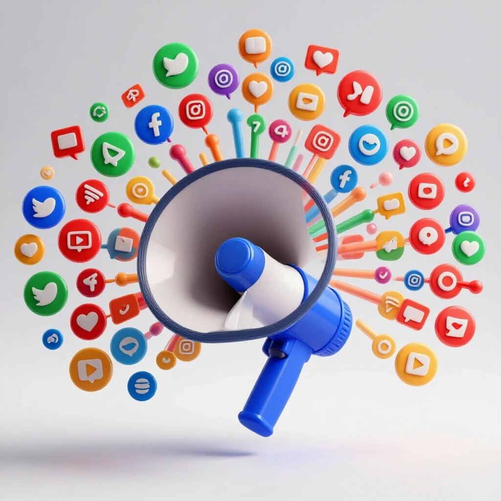 A vibrant megaphone surrounded by colorful sound waves morphing into distinct social media platform icons.